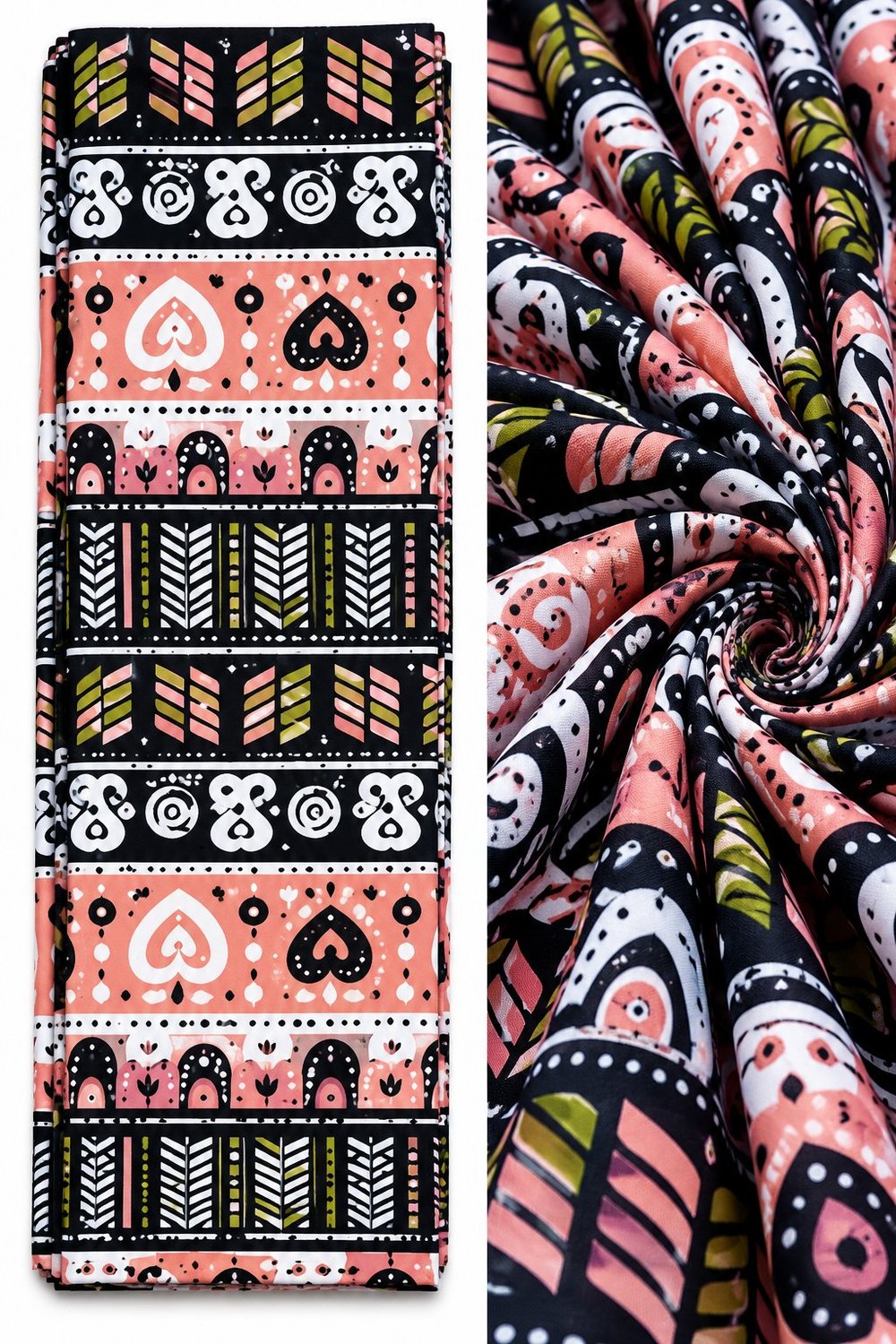 Coral & Black African Geometric Wax Print Fabric