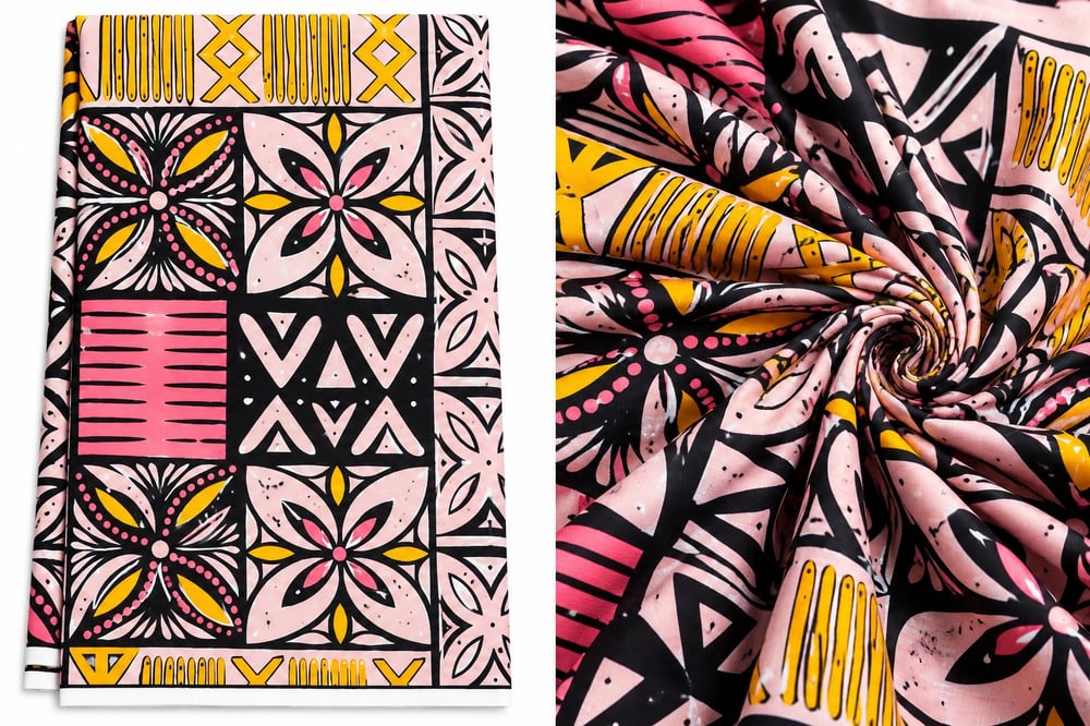 Geometric African Wax Fabric - Pink, Black & Gold