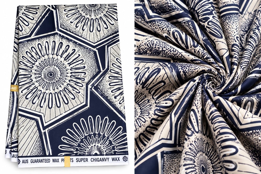 Navy & Cream Sunburst Wax Fabric