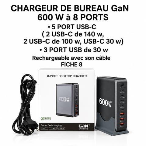 600W Desktop Charger with 8 Ports
