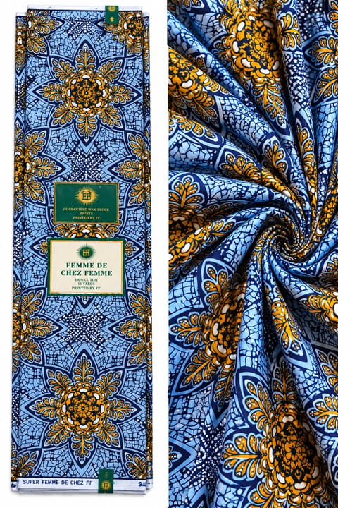 Sky Blue, Navy & Gold Floral Wax Print