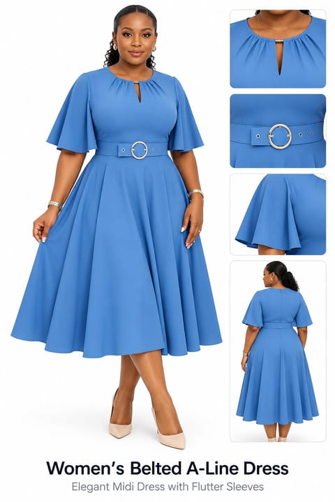 Belted A-Line Midi Dress