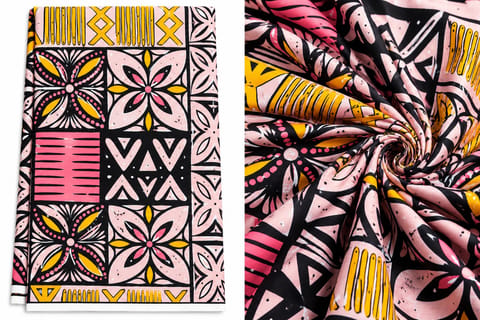 Geometric African Wax Fabric - Pink, Black & Gold