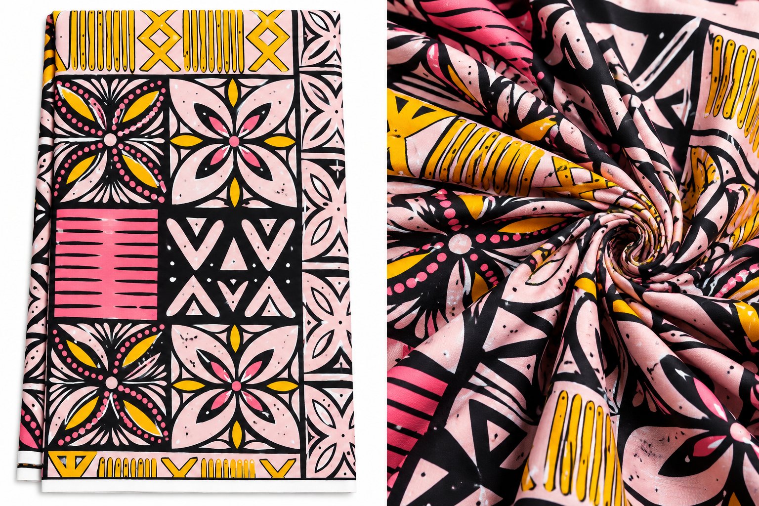 Geometric African Wax Fabric - Pink, Black & Gold